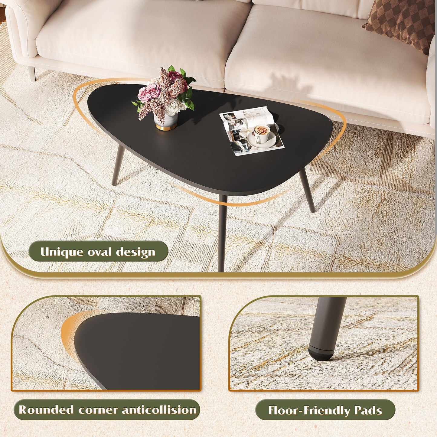 WLIVE Oval Coffee Tables, Modern Coffee Table for Living Room, Coffe Table for Small Space Home Office, Easy Assembly, 33.5" W x 18.9" D x 18.7" H (Black)