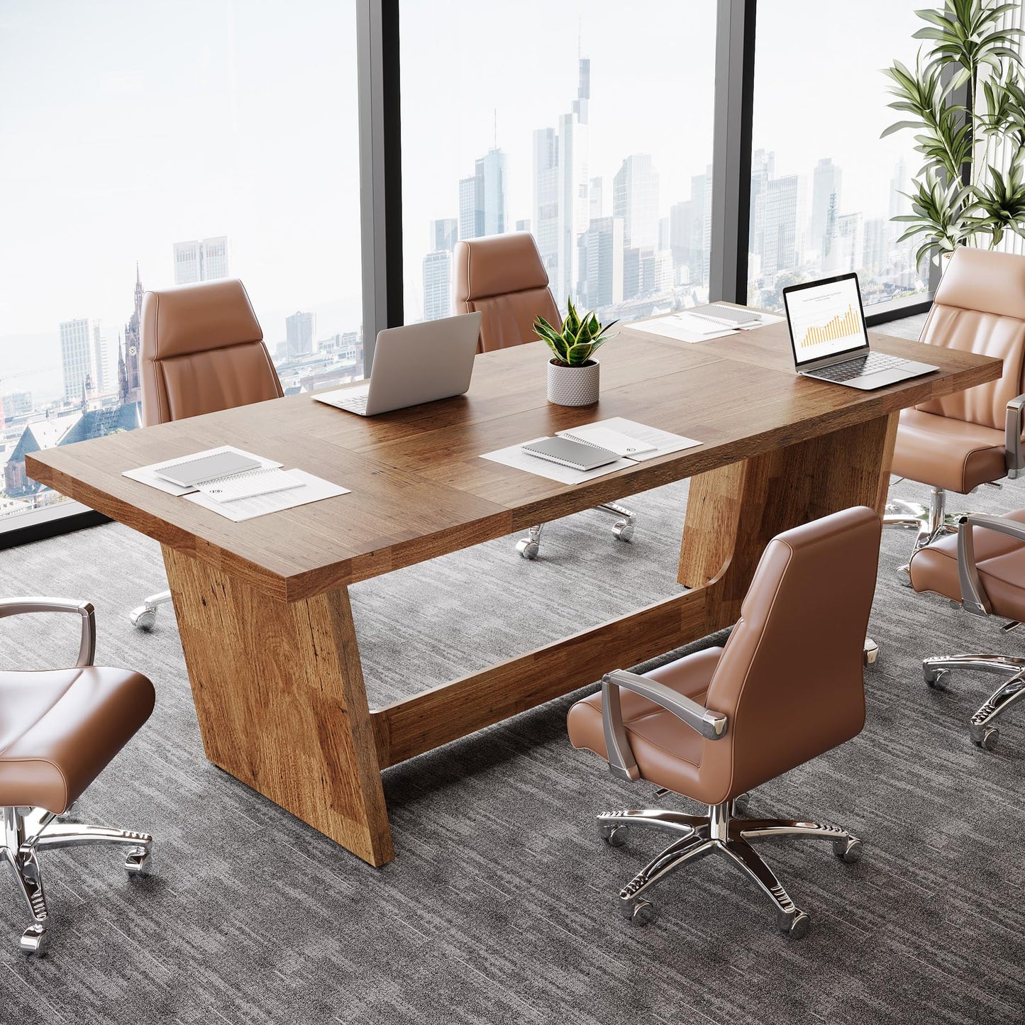 Tribesigns 6 FT Conference Room Table, 71” Rectangular Meeting Table for Office, Large Executive Seminar Desk for 6–8 People, Heavy-Duty Business Boardroom Table with Wooden Pedestal Base, Light Brown