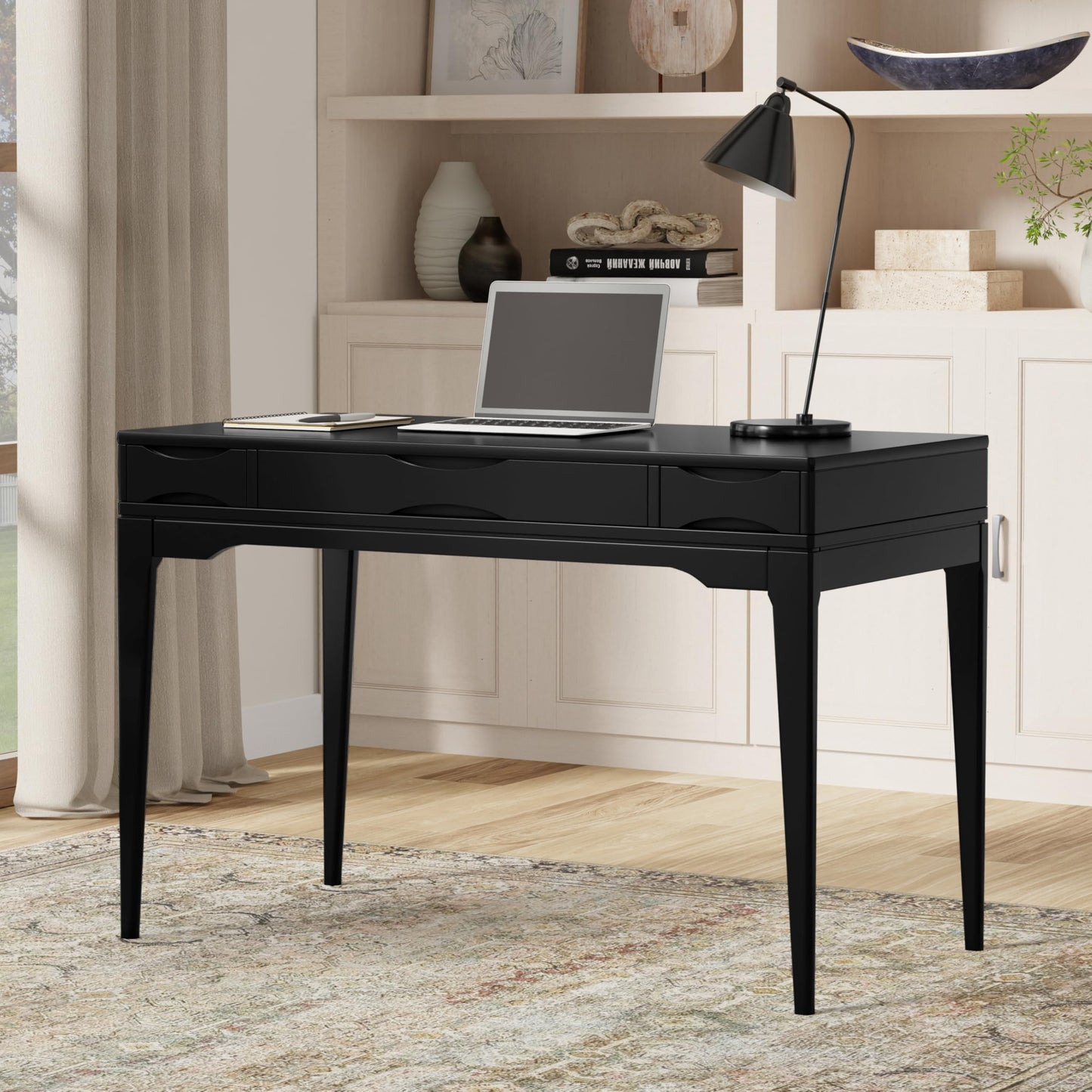 SIMPLIHOME Harper Small Desk - 48 inch Wide Solid Hardwood Writing Desk in Black, Mid-Century Modern Home Office Table for Study or Work with 2 Drawers and Flip-Down Keyboard Tray