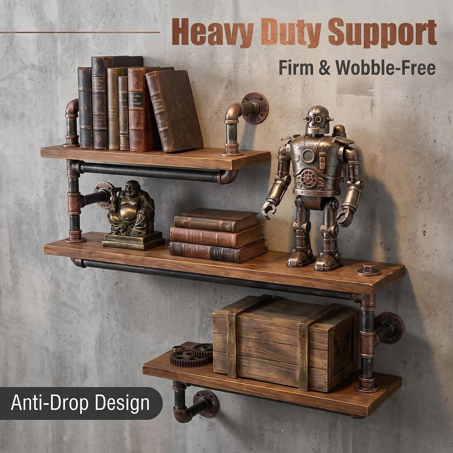 Diwhy Industrial Pipe 3 Tier Wall Mounted Floating Shelf, Rustic Wrought Iron Solid Wood Storage Display Shelf for Home Living Room Bedroom Decor