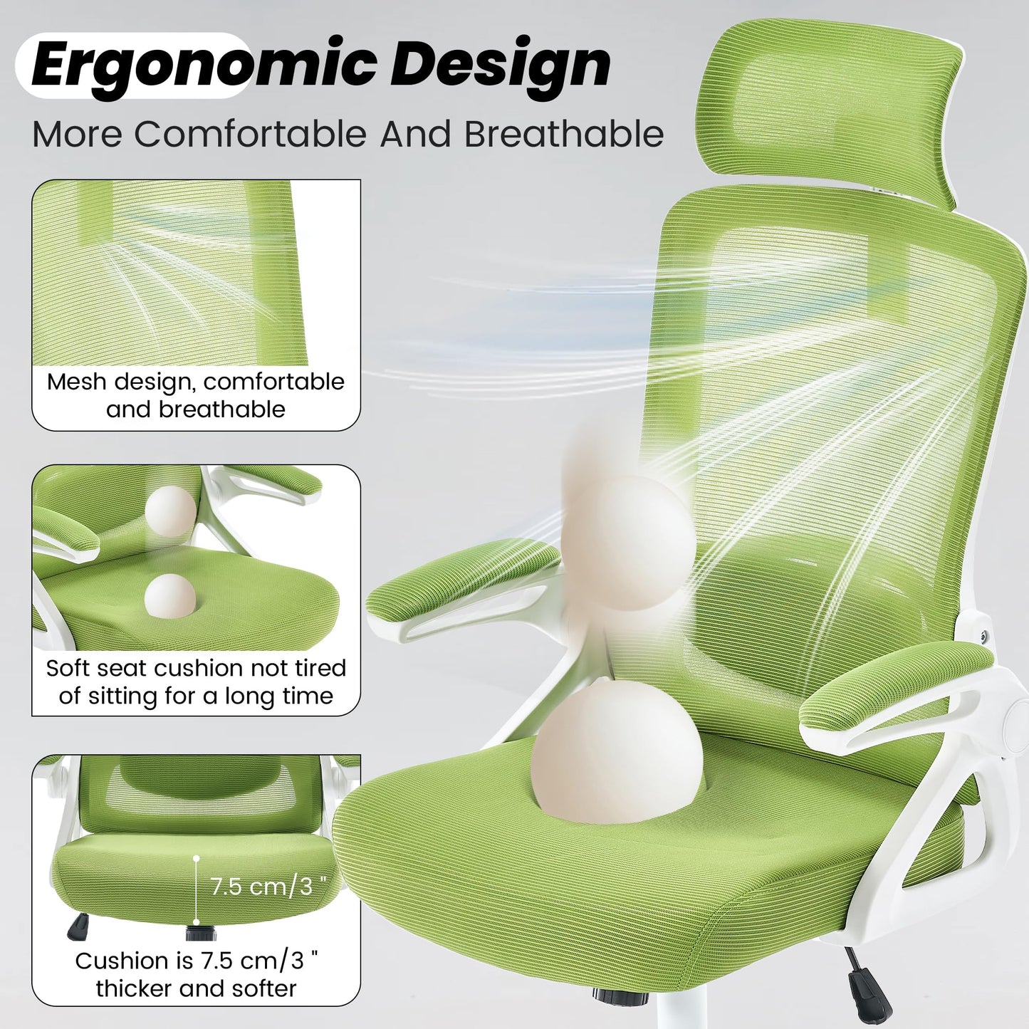 Fizzin Ergonomic Office Chair, 400 LBS Desk Chair with Adjustable Lumbar Support, High Back Breathable Mesh Computer Chair Rolling Work Swivel Task Chairs, Comfy Home Office Desk Chair (Green)