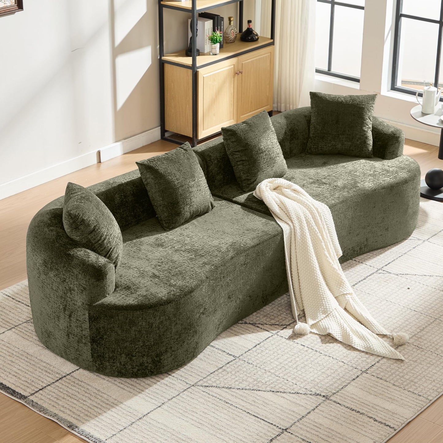 Sectional Sofa, Curved Cloud Sofa Couch, Chenille Full Sponge Chaise for Living Room, Apartment (Olive Green, 110 Inch)