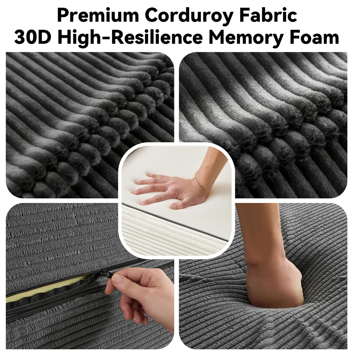 Grey 5-in-1 Convertible Sofa Bed, 60" Boneless Couch Tri Folding Mattress with Removable L-Shaped Armrests, Modern Corduroy Futon Couch Sleeper with Pull Out Bed for Living Room Bedroom Apartment