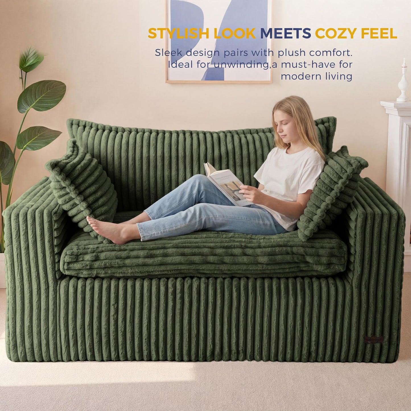 MAXYOYO 59" Bean Bag Sofa Couch, Loveseat Boneless Couch in a Box, Upholstered Small Mini Sofa with Deep Seating for Living Room Bedroom Office Apartment, No Assembly, Dark Green