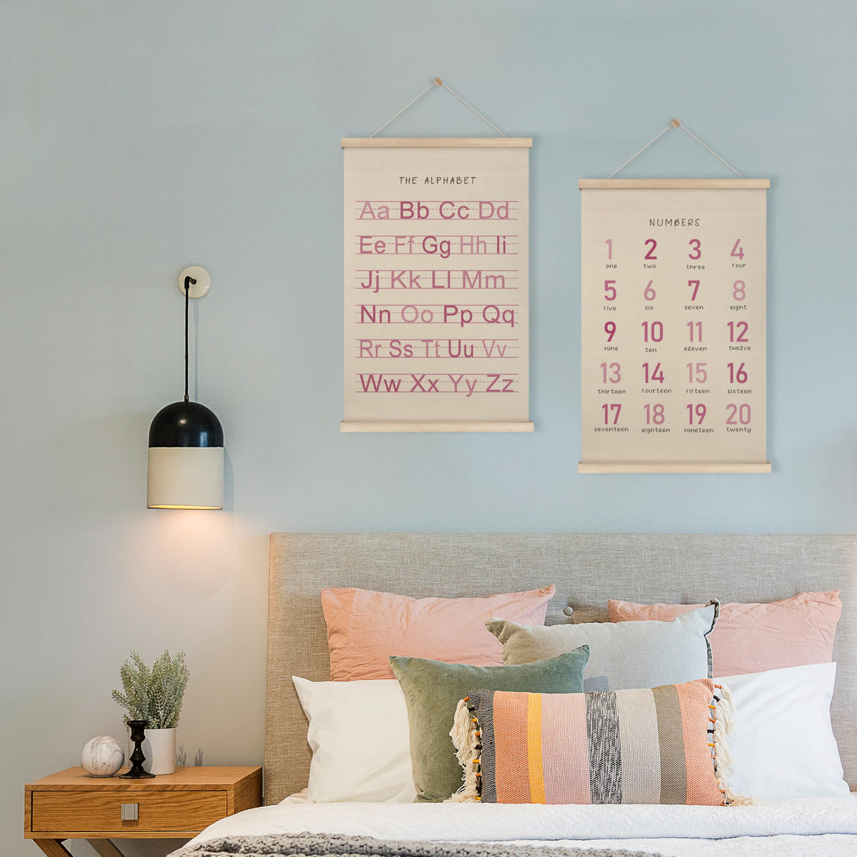 HRQKO Alphabet Numbers Poster Hanger Frame Set of 2, Pink Girls Nursery Wall Decor, ABC Poster Wall Art with Wooden Frames, Pink Alphabet Banner Wall Hanging Decor for Toddler Playroom, 16x24 inch