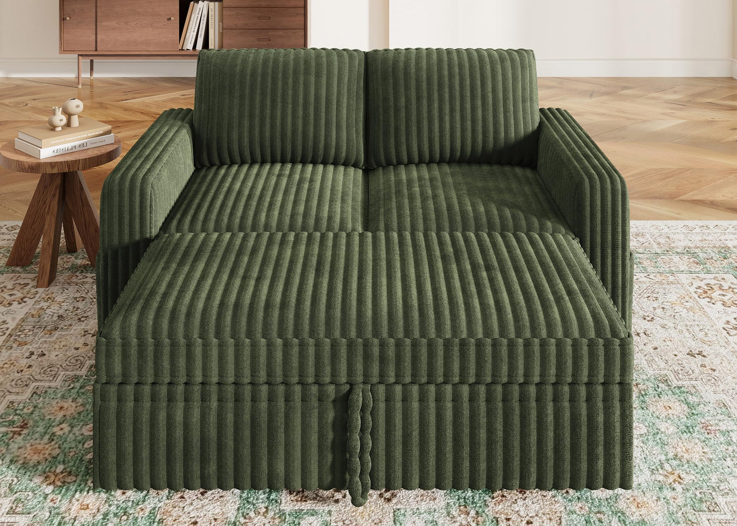 HONBAY Modular Pull Out Sofa Bed,Corduroy Loveseat, Couches for Living Room,Green