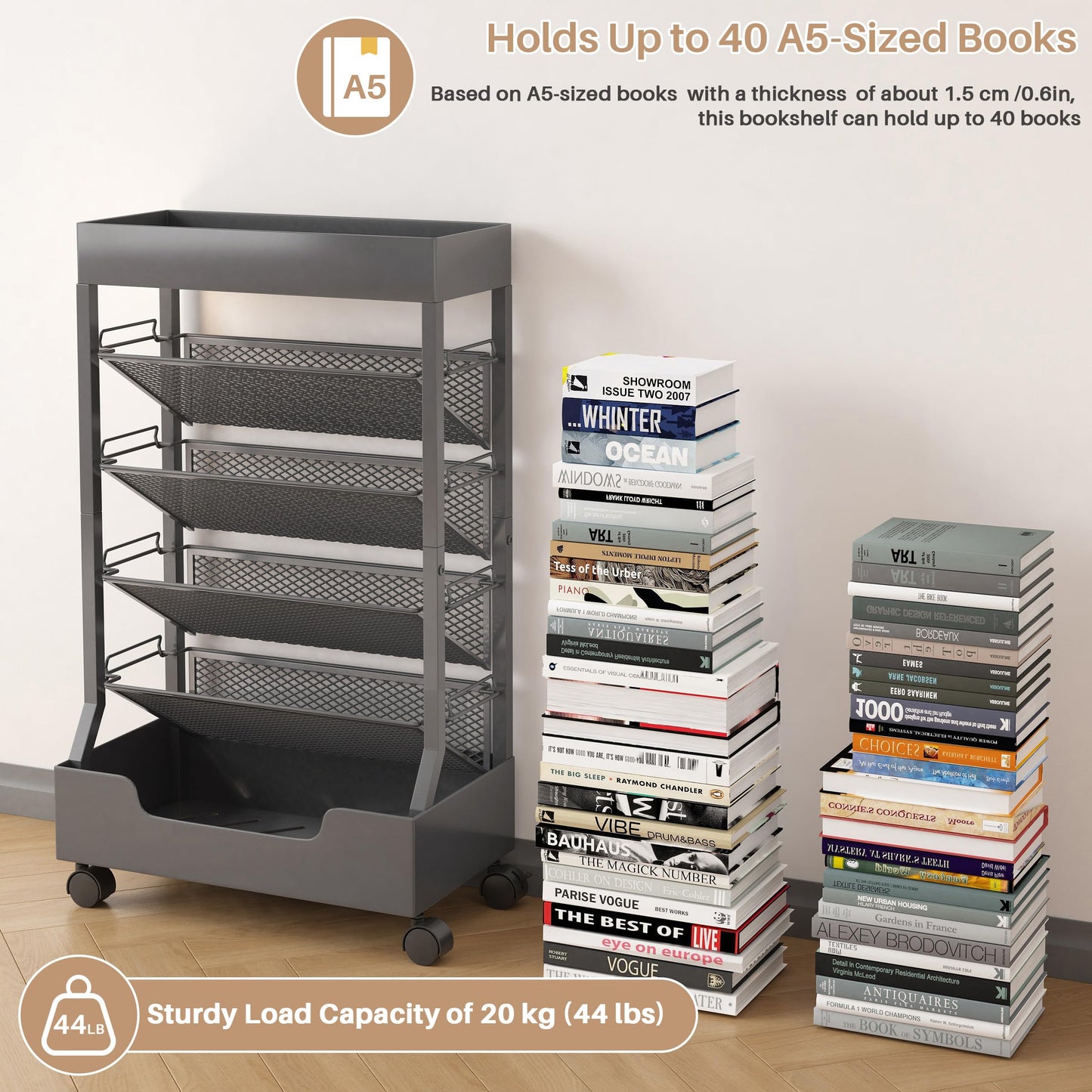 UMDONX Modern Mobile Book Cart Single-Sided Rolling Bookshelf with Metal Top & Base, Premium Snap-in Shelves, Heavy Duty & Elegant Storage for Home Study, Office, Classroom Gunmetal Gray