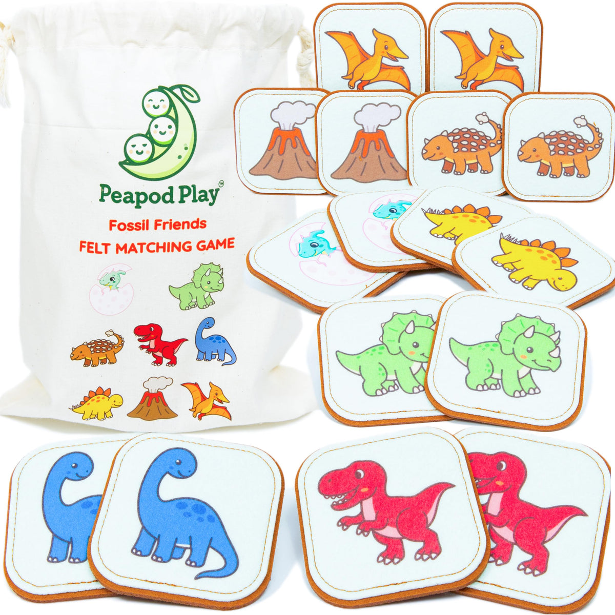 Peapod Play Felt Dinosaur Matching Game for Toddlers – Dino Memory Game & Flash Cards – Soft and Safe for Ages 1+ – Montessori Preschool Learning Activity – Educational Dinosaur Toy for Girls & Boys