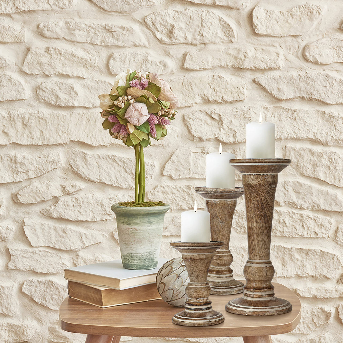 Hand Crafted Decorative Wooden Pillar Candle Holder Stand Siren Shape, Rounded Turned Colums, Country Style Ideal for Gift, Wedding, Christmas, Party, Home, Spa - 10,8,6 Inch Set of 3 - White Wash