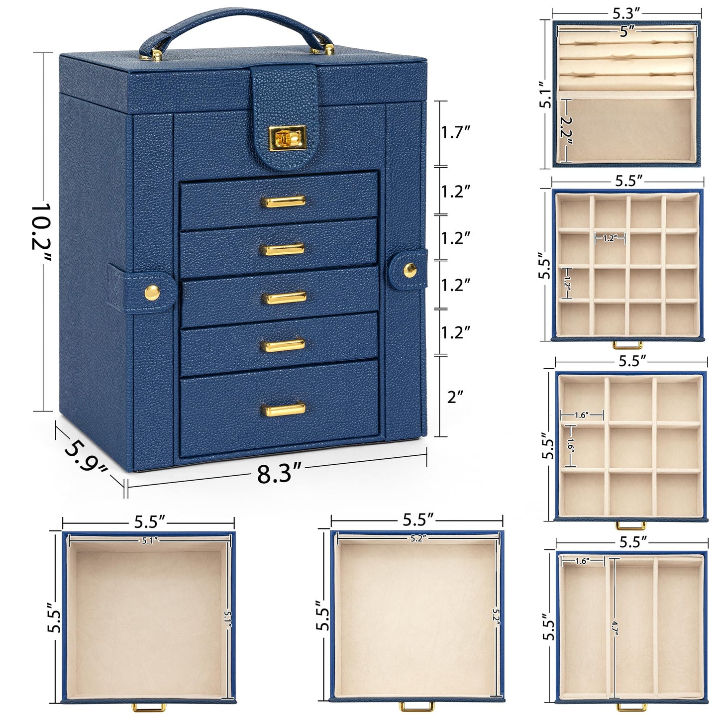 AKOZLIN 6-Tier Jewelry Box Organizer Functional 5 Drawers Leather Jewelry Storage Case for Women Girls Ring Necklace Earring Bracelet Holder Organizer with Mirror Blue Regular