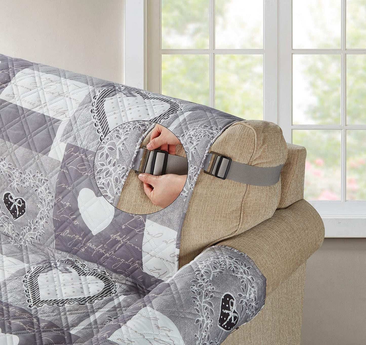 Brilliant Sunshine Grey Heart Love Patchwork Quilted Chair Slipcover, 23" Seat Width, Slip Resistant Furniture Protector, 2" Strap, Washable Armchair Cover for Pets, Kids, Dogs, Cats, Grey