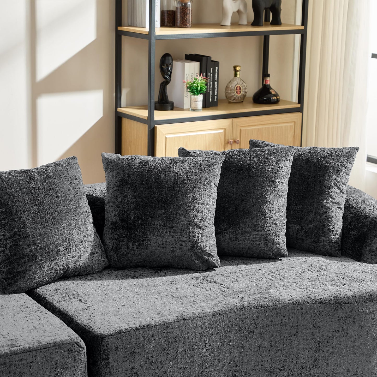 Sectional Sofa, Curved Cloud Sofa Couch, Chenille Full Sponge Chaise for Living Room, Apartment (Grey, 110 Inch)
