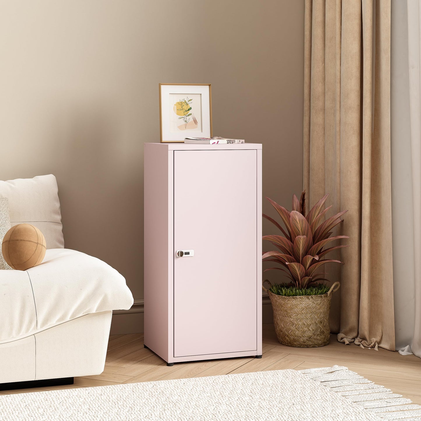MIOCASA Metal Storage Cabinet with Lock, 3 Adjustable Shelves Single Door Steel Locker for Home, Office & Garage (Pink)