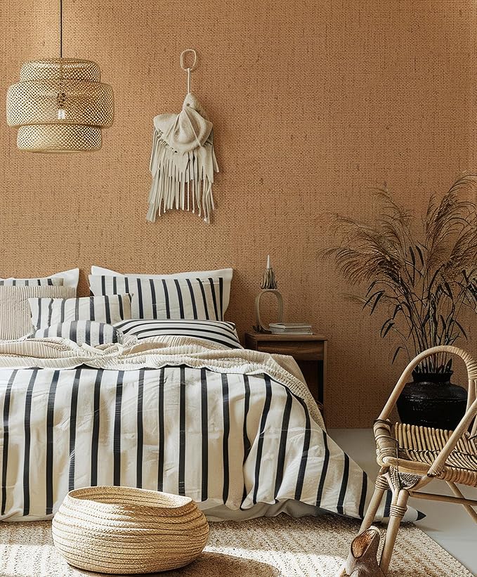 Brown Contact Paper Textured Beige Grasscloth Wallpaper Peel and Stick