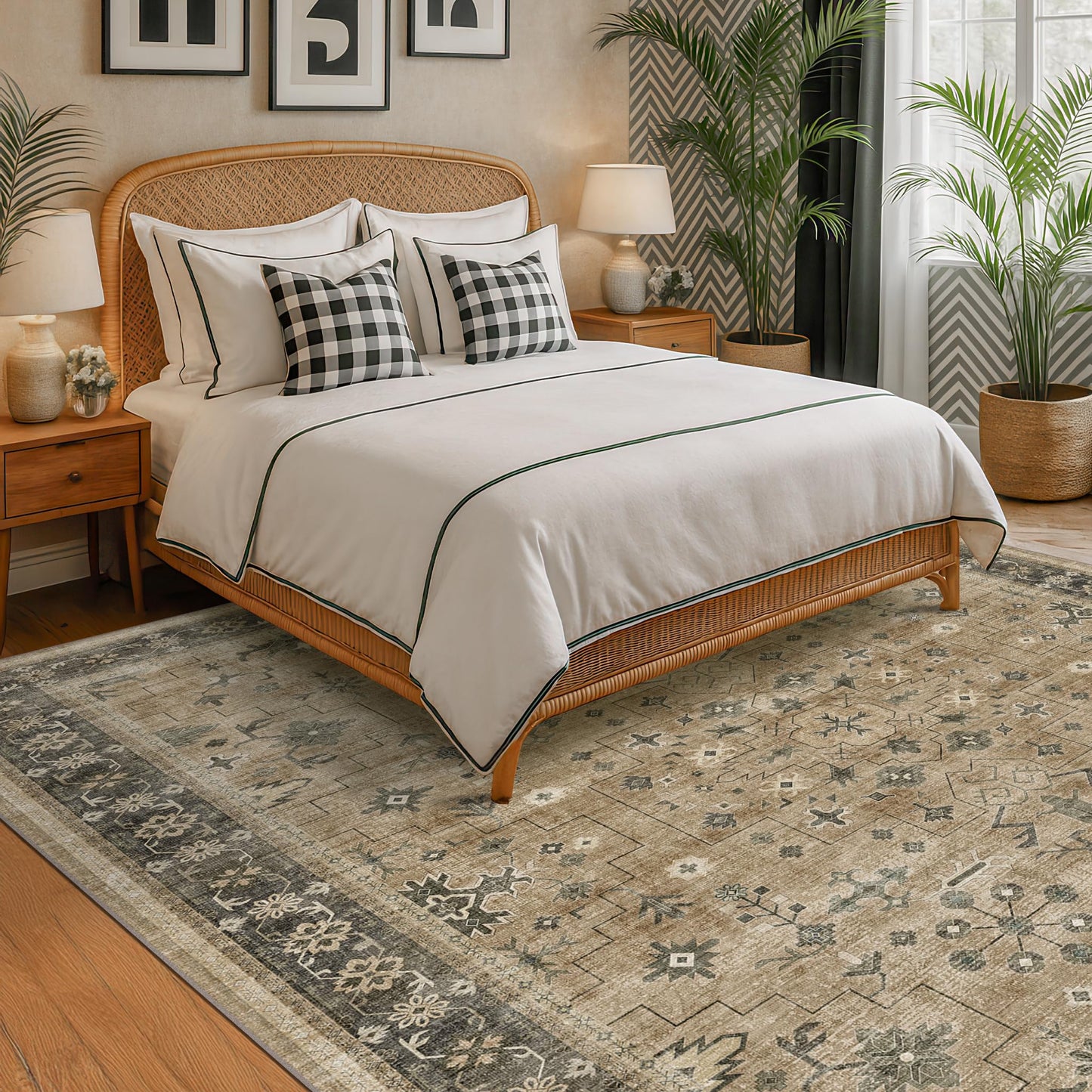 Warm Taupe Sage 9x12 Living Room Rug - Vintage Extra Large Area Rugs for Dining Room Under Table, Washable Low Pile Carpet for Bedroom Under the Bed, Non-Slip Stain & Fade Resistant