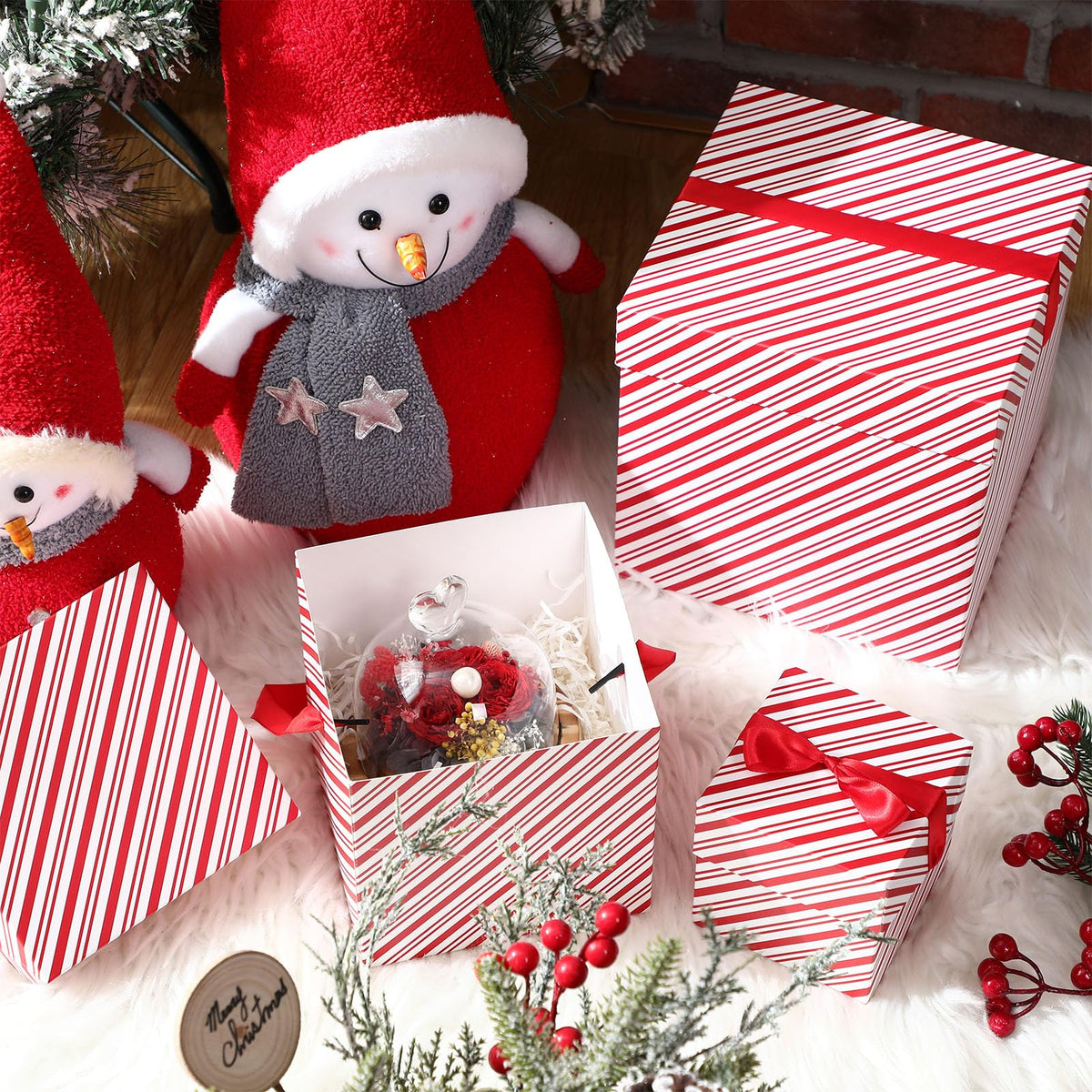 TecUnite 3 Pcs Christmas Nesting Gift Boxes Candy Cane Striped Christmas Stackable Boxes Decorative with Lids for Present Wrapping Xmas New Year Holiday Party Decor(Red White Stripe)