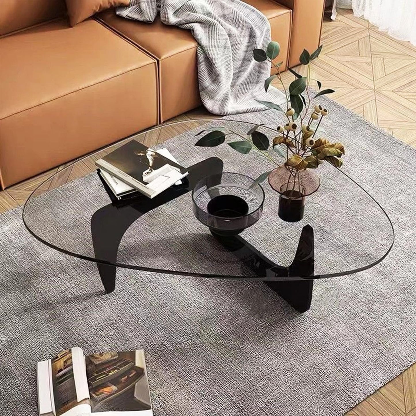 Black Modern Glass Coffee Table, Unique Triangle Coffee Table for Living Room, Tempered Glass Top + Wooden Base, Abstract Contemporary Center Tables for Home Office Bedroom