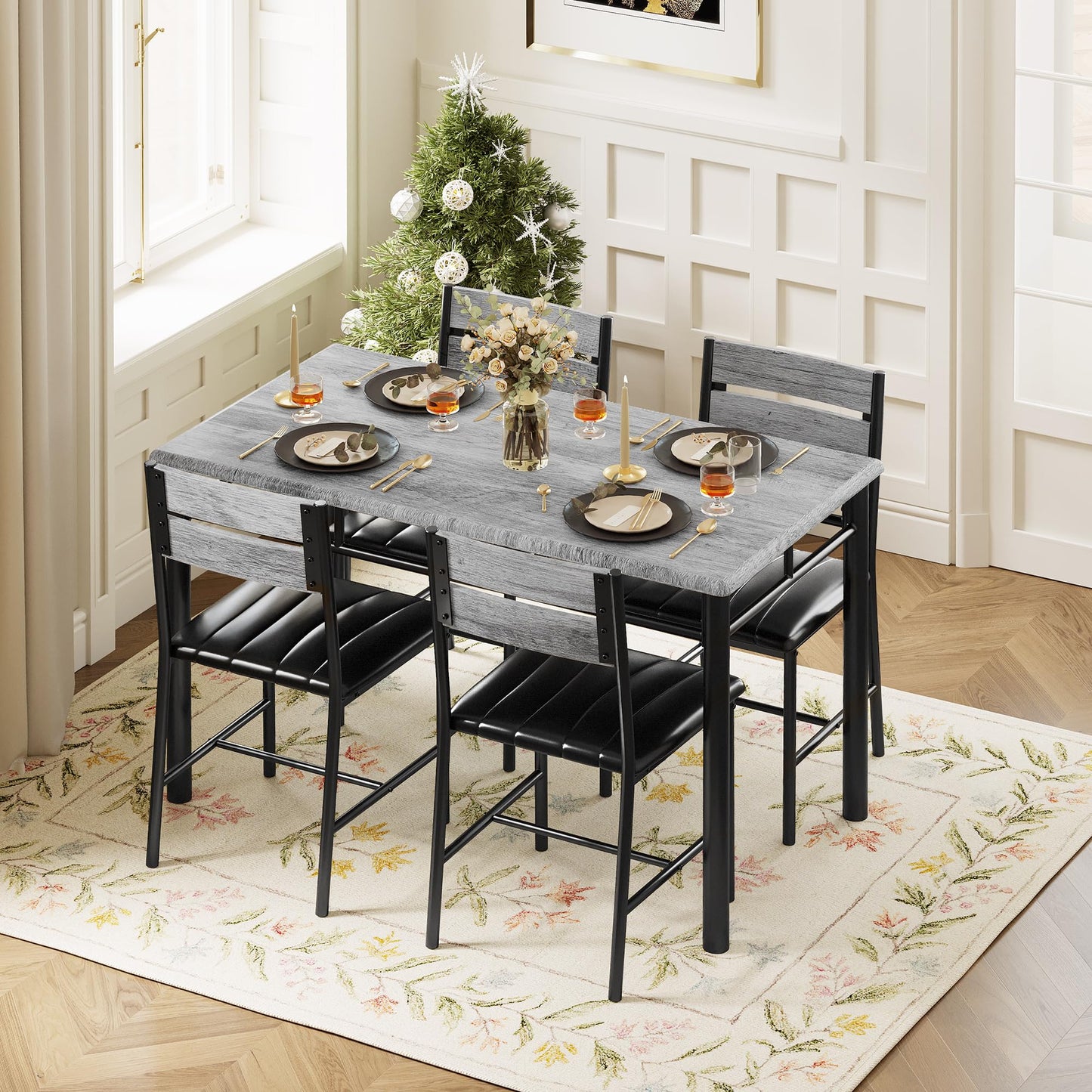 IRONCK Dining Table Set for 4, Wood Kitchen Table with Upholstered Chairs for Kitchen Room and Small Spaces, Grey