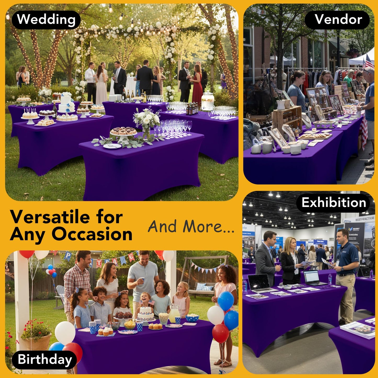 Dailyset 6-Pack Premium Purple Spandex Tablecloths for 6ft Rectangle Tables, Stain & Wrinkle-Resistant, Washable Stretch Polyester Fitted Table Cover for Weddings, Banquets, Trade Shows Events