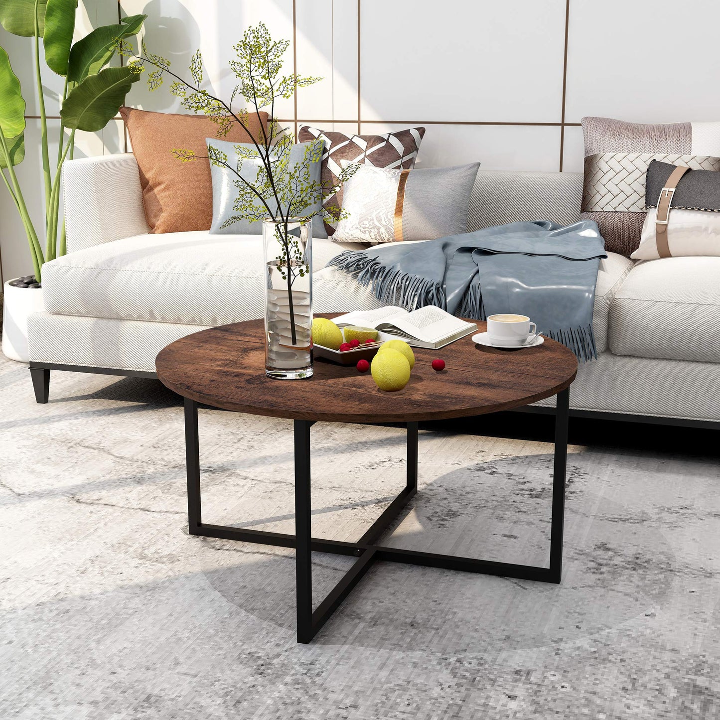 Round Coffee Table Kitchen Dining Tables Modern Leisure Tea Table Office Conference Pedestal Desk Rustic Brown