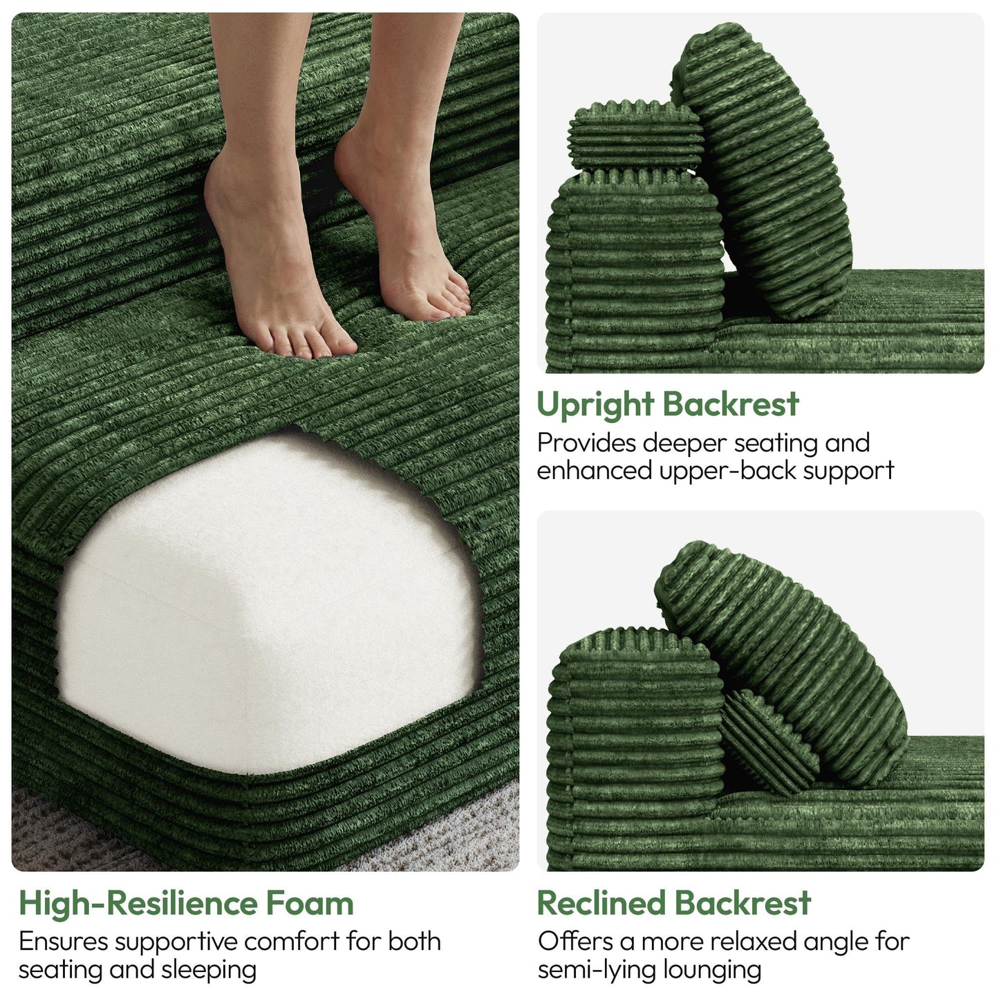 Yaheetech 110" Modular Sectional Sofa Corduroy Boneless Couch with Chaise L-Shape Cloud Couch with Detachable Pillows No Assembly Sofa for Living Room, Green