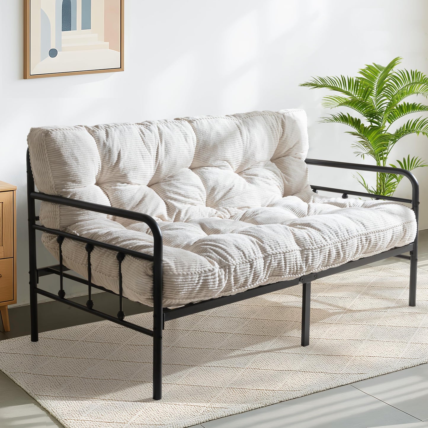 MAXYOYO 6" Futon Mattress Full Size, Tufted Futons Sofa Couch with Twisted Rope Design Edging, Thick Corded Fabric Floor Mattress for Adults, Shredded Foam Filling (Frame Not Included), Beige
