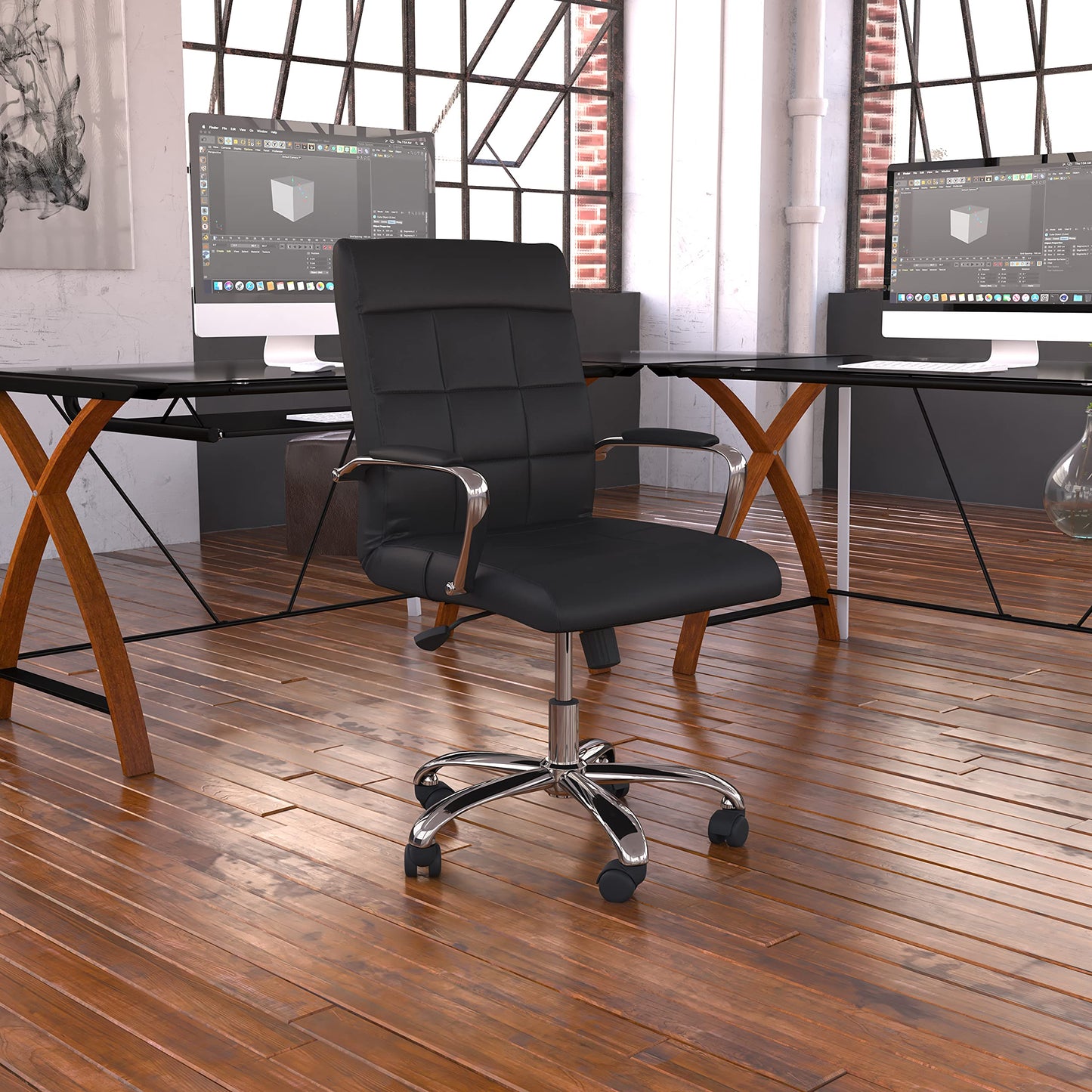 Flash Furniture Vivian Mid-Back Swivel Vinyl Upholstered Desk Chair with Padded Seat and Armrests, Adjustable Height Padded Office Chair, Black/Chrome