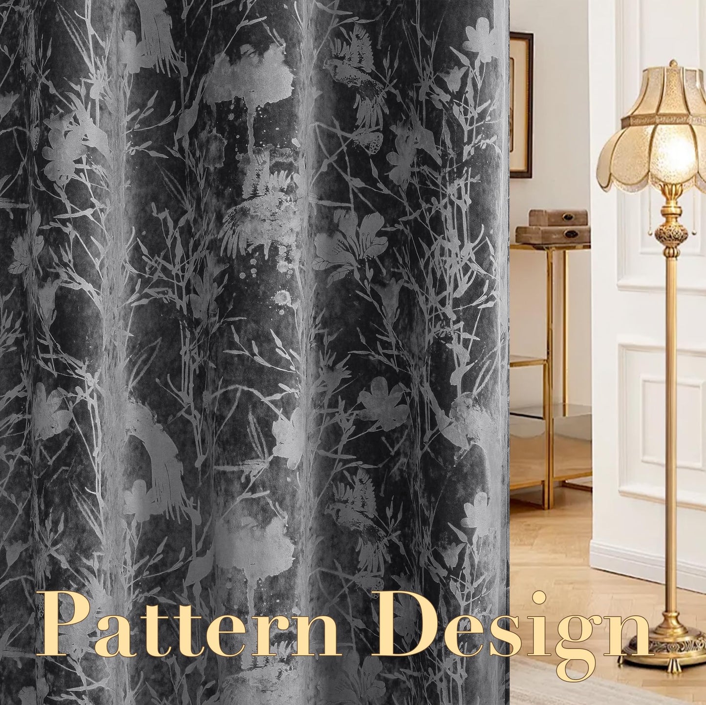 H.VERSAILTEX Luxury Velvet Curtains for Bedroom 108 Inches Length 2 Panels Thermal Birds and Lotus Floral Pattern Curtains for Living Room Boho Style Grommet Drapes for Theatre Hall, Dark Gray