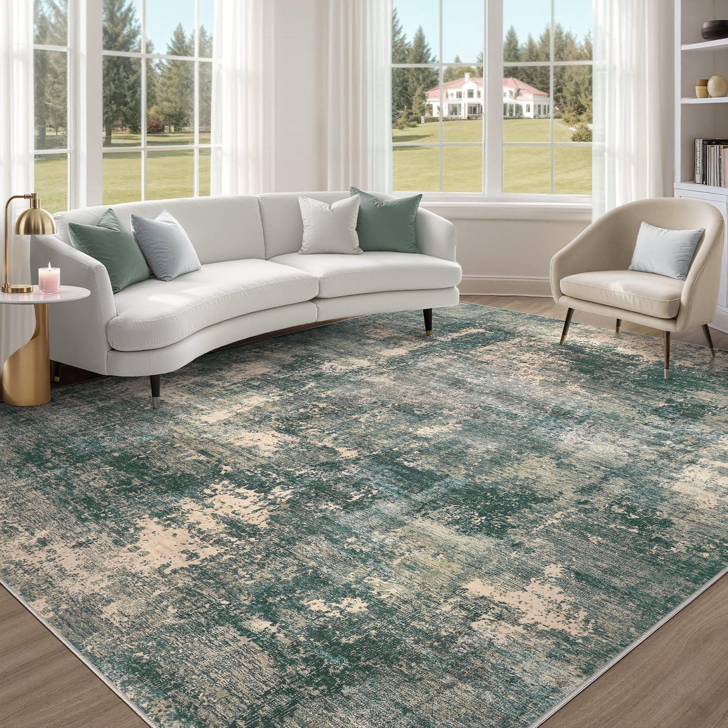 TARANCH Abstract 10x14 Area Rug: Machine Washable Non Slip Ultra Thin Low-Pile Carpet, Soft Stain Resistant for Living Dining Room Bedroom, Kid Pet Friendly, Robot Vacuum Compatible - Dark Green/Beige