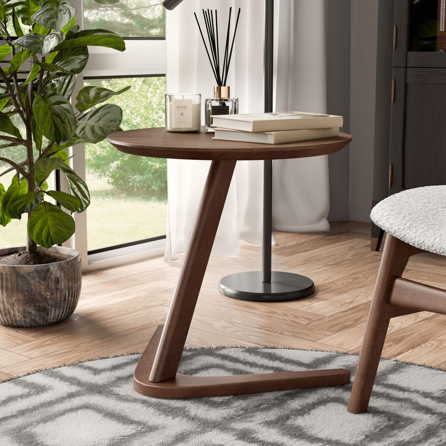 Furniture of America Lucian Mid-Century Modern Solid Wood Brown Round Side Table with V-Shape Base, Minimalistic Bedside Table for Living Room, Office, Home, Walnut