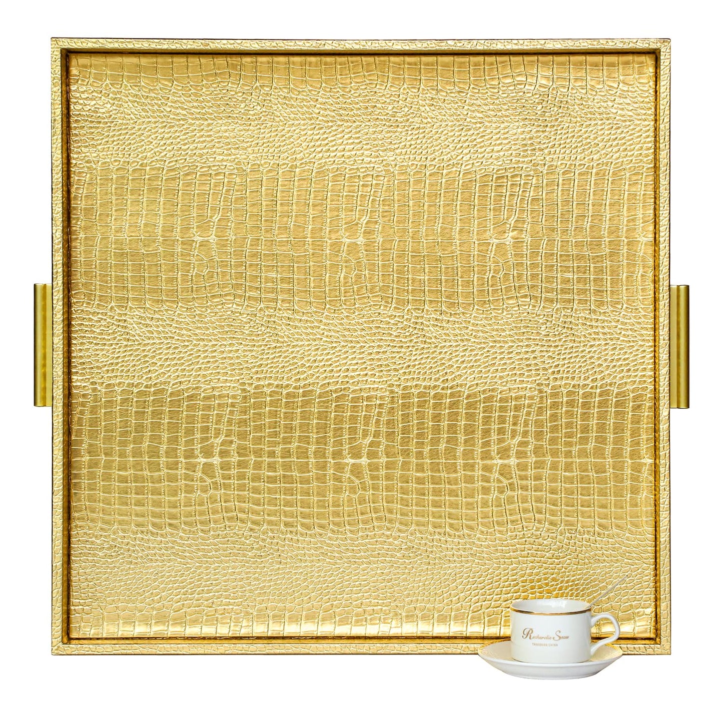 HofferRuffer Extra Large Square Serving Tray, Elegant Faux Leather Ottoman Tray with Gold Hardware Handles, Serve Tea, Coffee or Breakfast in Bed, 24 x 24 inches (Gold, 24" x 24" x 2")