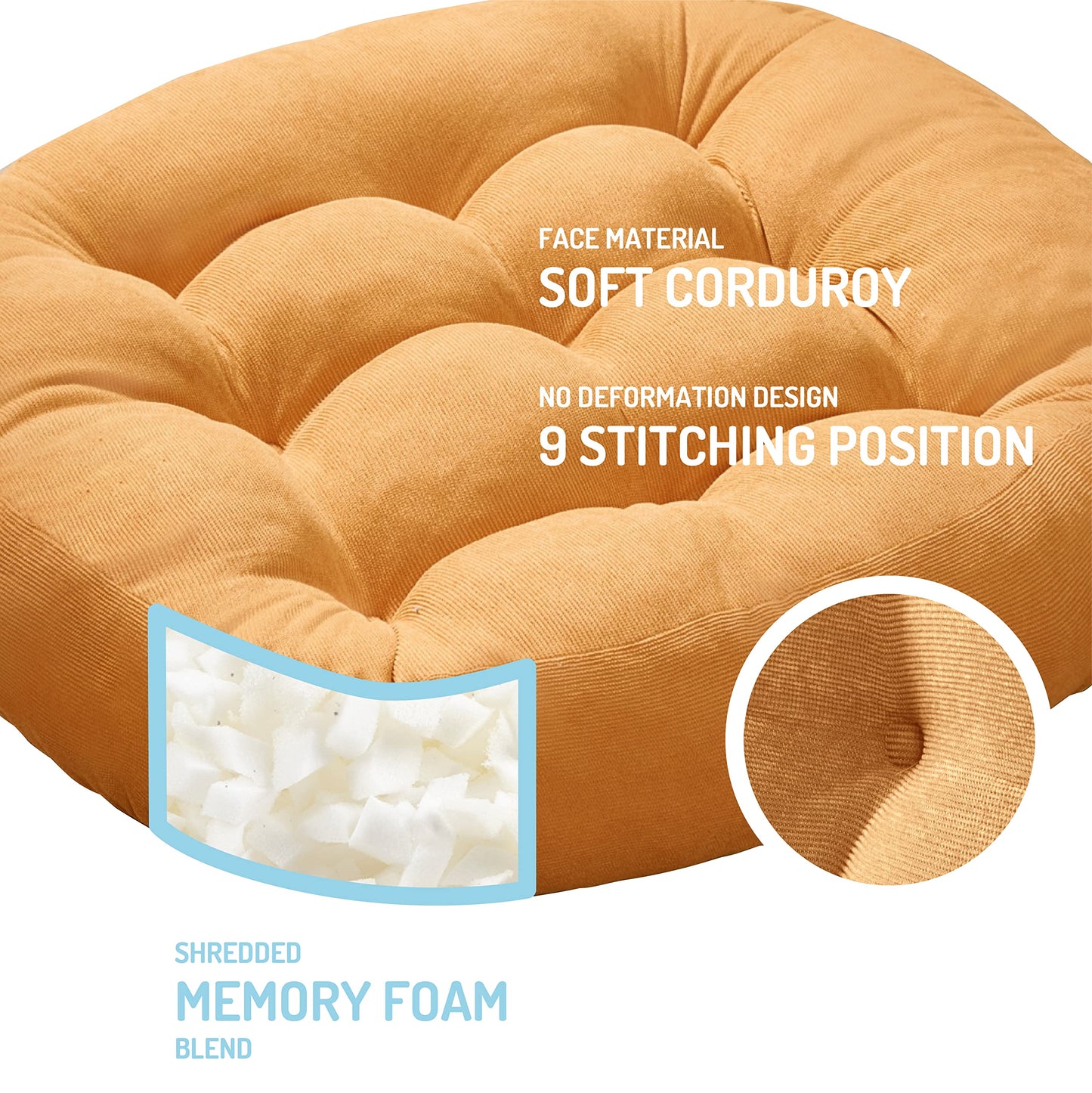 Degrees of Comfort Meditation Floor Pillow, Round Large Pillows Seating for Adults, Tufted Corduroy Cushion for Tatami Living Room, Orange Yellow 22 Inch