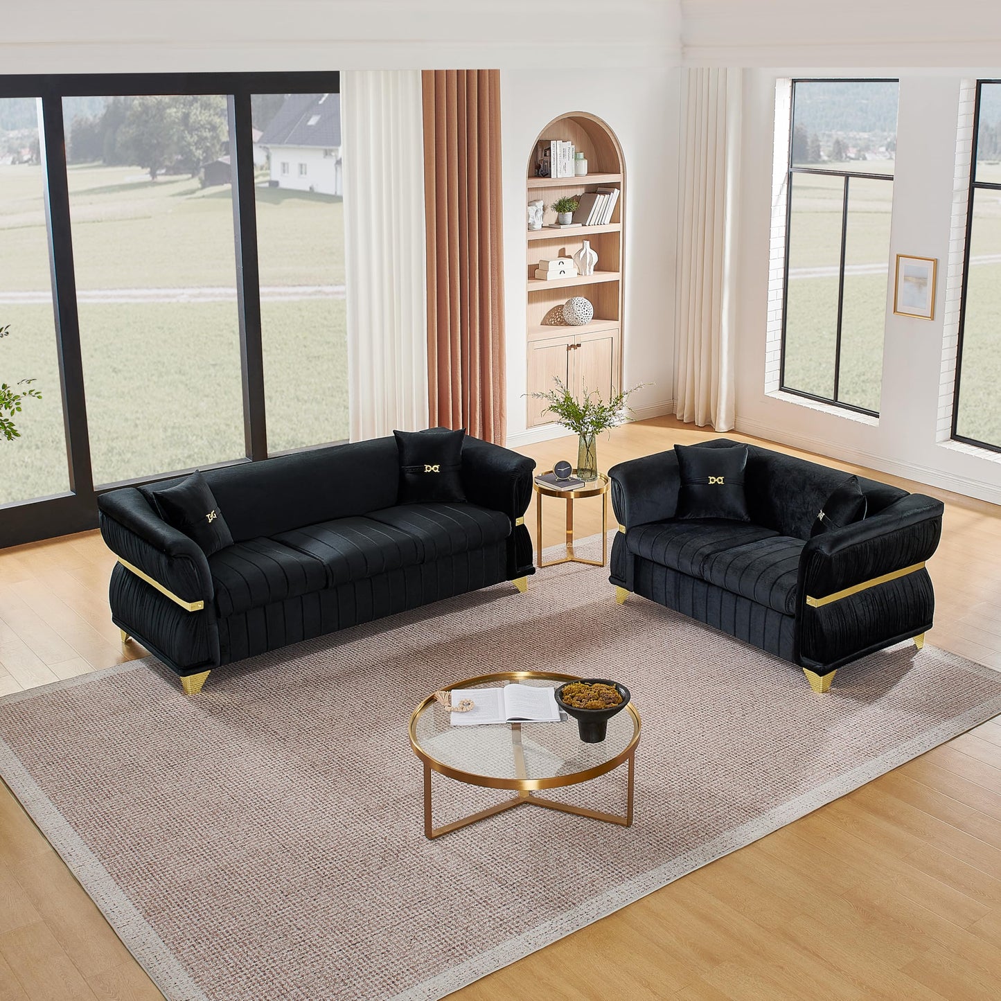 KEIKI 2-Piece Luxury Chesterfield Sofa Set with 1 Velvet 3-Seater Sofa & 1 Loveseat Sofa, Modern Style 5-Seater Couch Set with 4 Pillow & Rolled Arms & Tapered Gold-Tone Legs, for Living Room, Black
