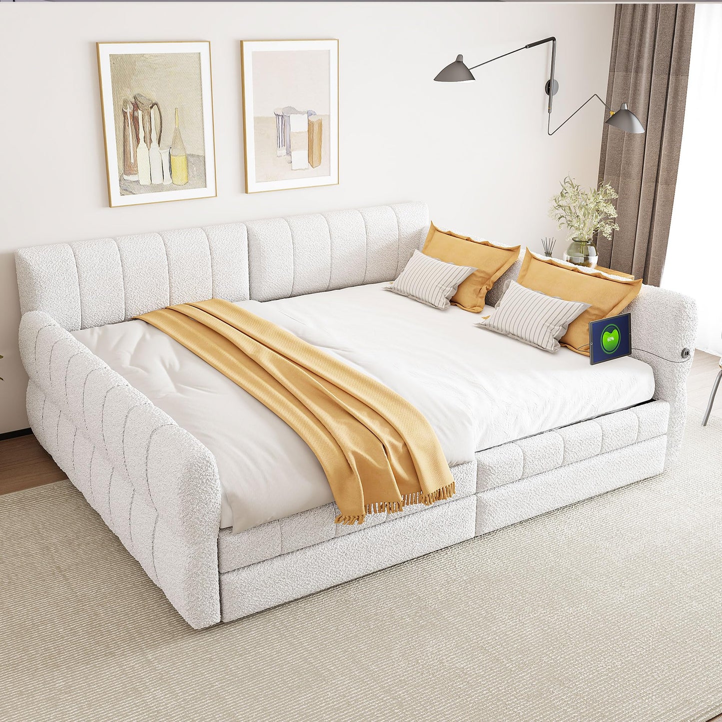 Merax Queen Size Lambswool Daybed, Upholstered Platform Day Bed with USB and 2 Drawers,U-Shaped Space Saving Corner Sofabed for Kids, Teens & Adults, Wood Slat Support,White