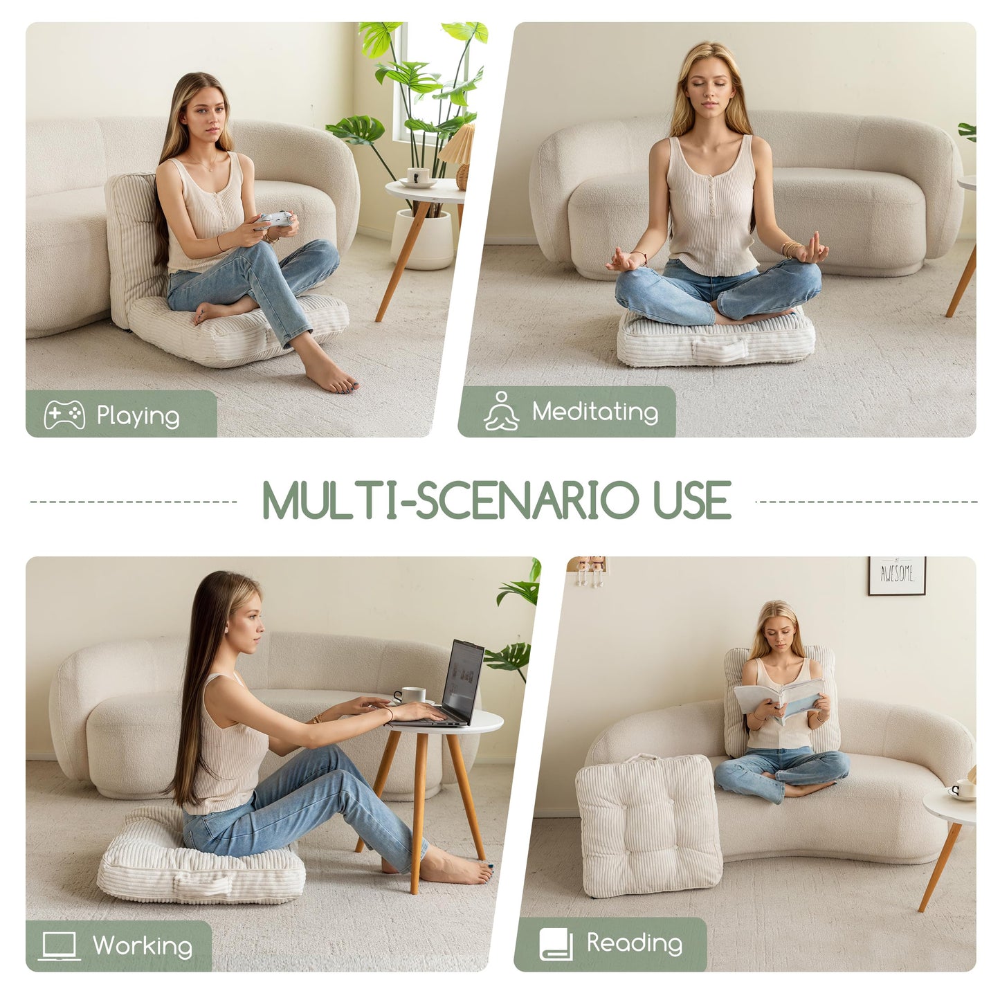 HIGOGOGO Floor Pillow Cushion for Adults, Meditation Cushion Pillow, Large Square Floor Sitting, Tufted Corduroy Cover, for Tatami Living Room or Yoga, 22x22 Inch, Beige