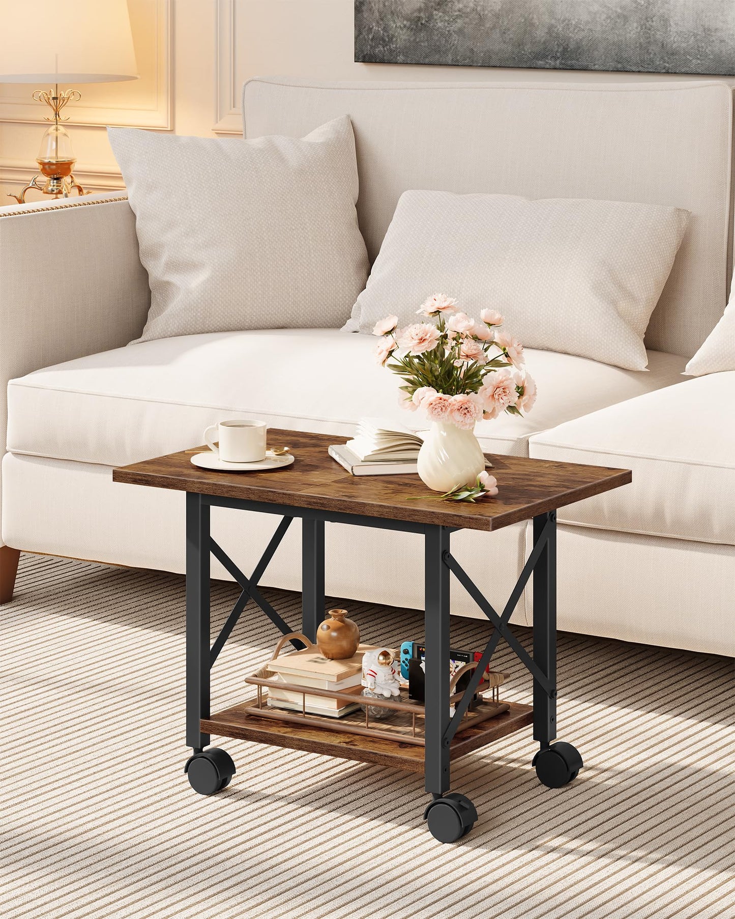 CHOEZON 23.6" Under Desk Printer Stand, 2-Tier Printer Table with Wheels Adjustable Feet for Home Office, Study, Living Room, Rustic Brown and Black TPS01BF
