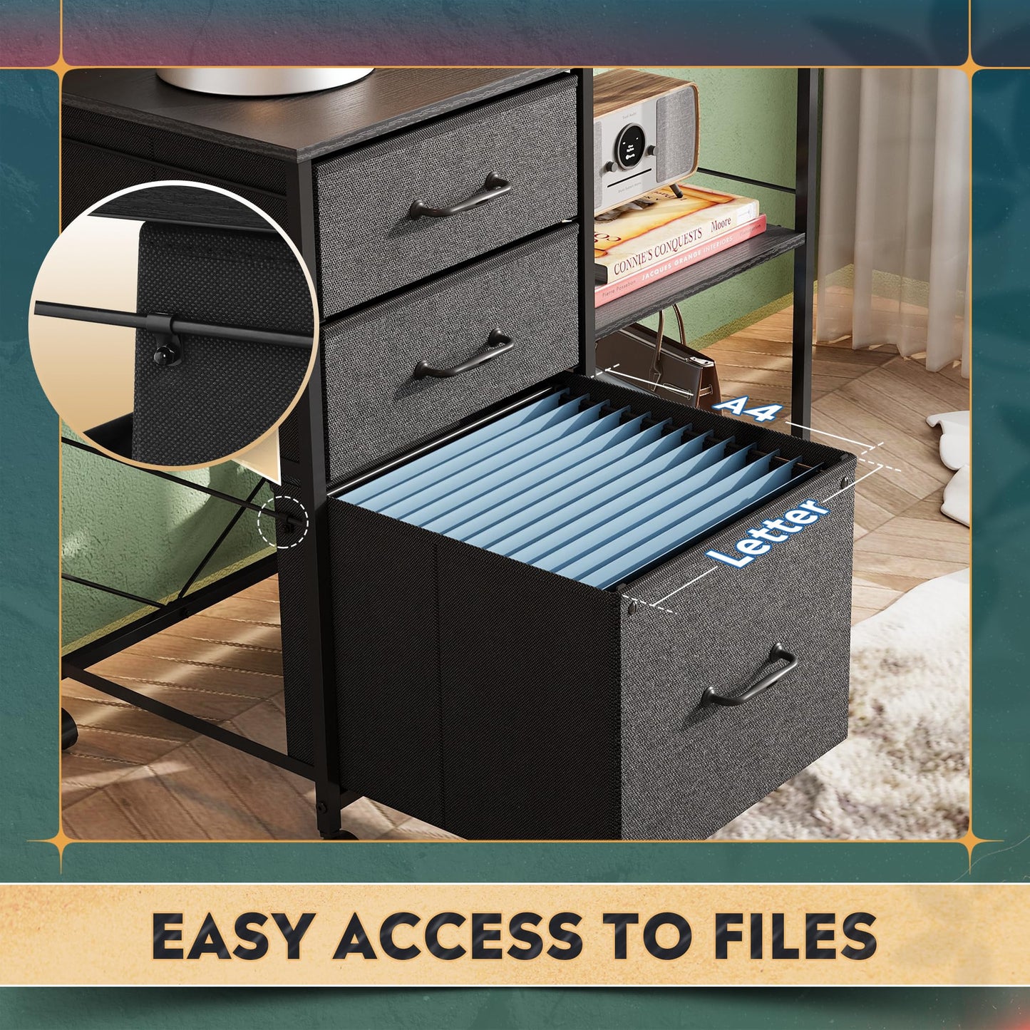 DEVAISE 3 Drawer Mobile File Cabinet, Rolling Printer Stand with Open Storage Shelf, Fabric Lateral Filing Cabinet fits A4 or Letter Size for Home Office, Black