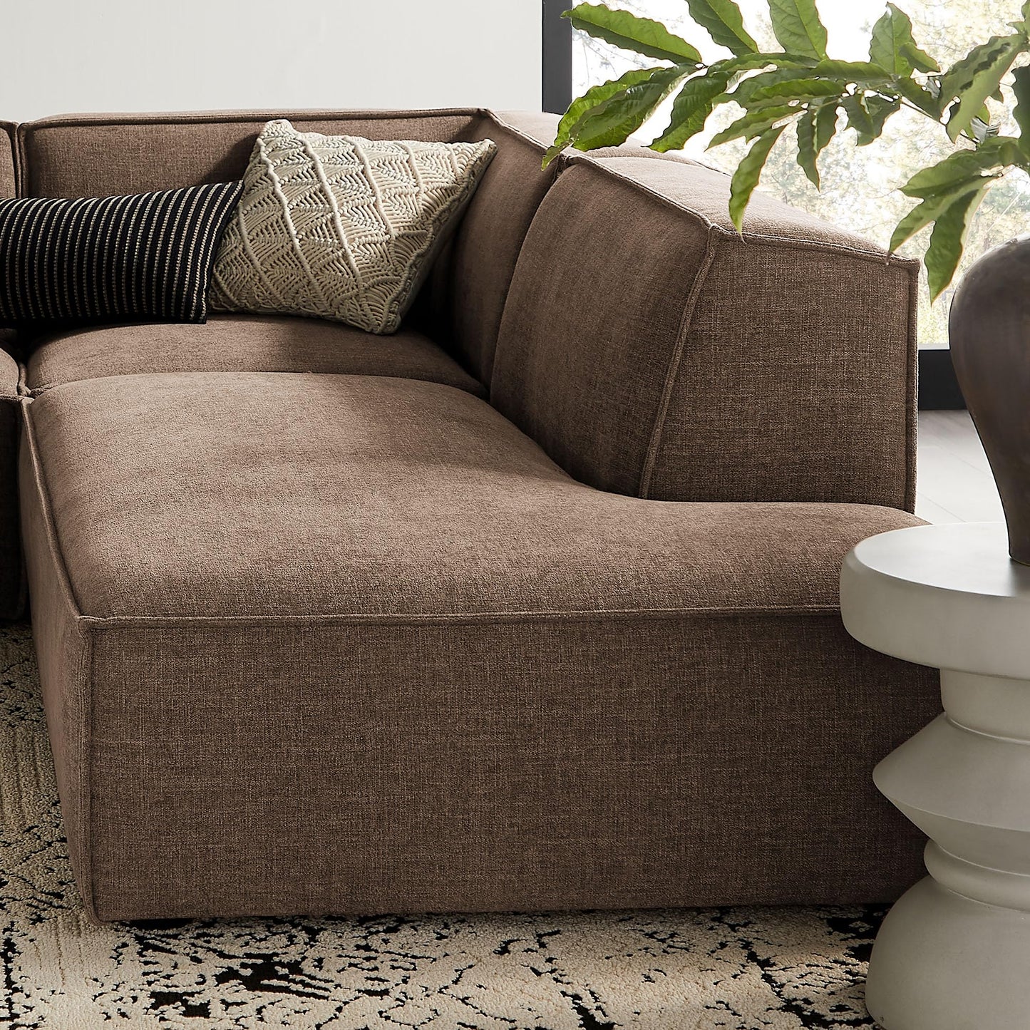 Modway Restore Performance Fabric Upholstered 4-Piece Modular L-Shaped Armless Sectional Sofa in Mocha – Low Profile Couch with Coil Seat Support and French Piping