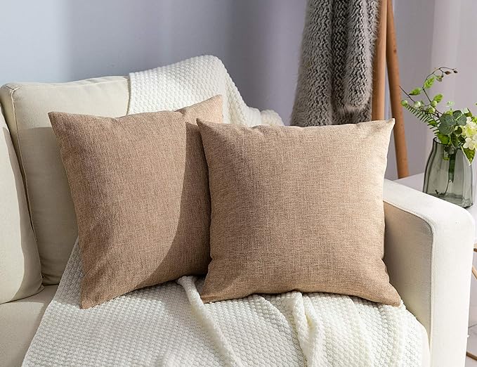 Stellhome Linen Throw Pillow Covers Square Solid Farmhouse Burlap Cushion Covers