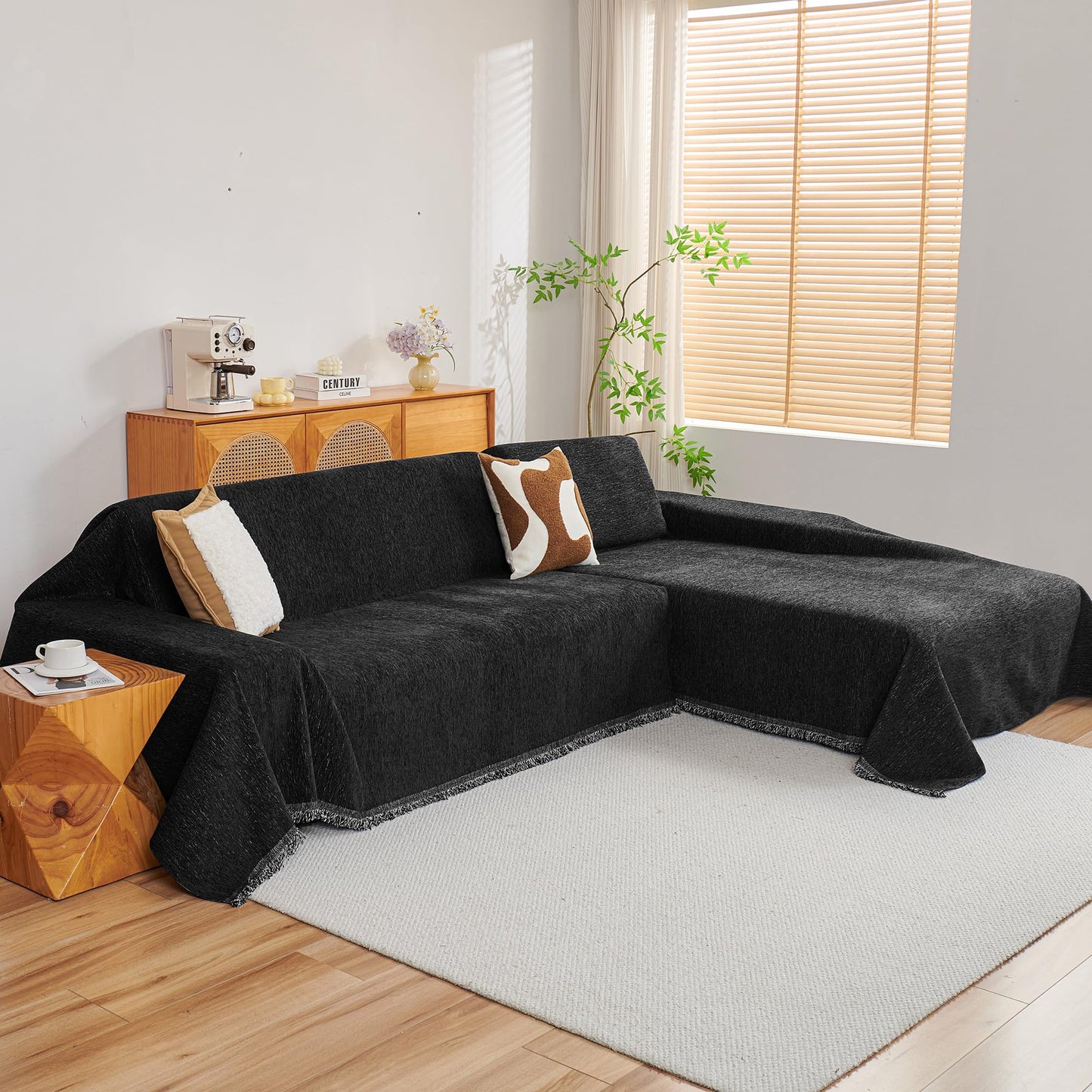 MYSKY HOME Couch Cover for Sectional Sofa, 2 Pieces Chenille Couch Covers for L Shape Sofa Cover, Furniture Protector for Pets, Kids, Sofa Slipcover for 3-4 Cushion Couch (71"x118"+91"x134", Black)