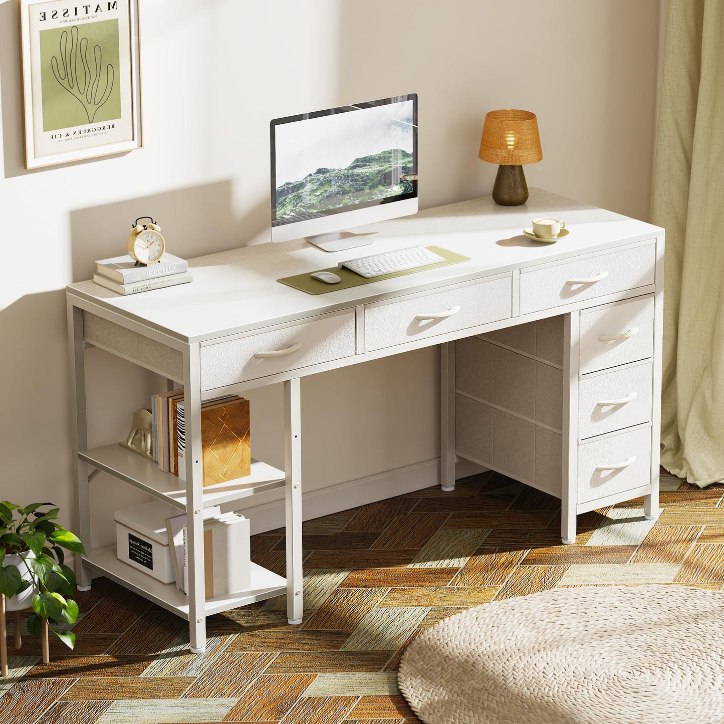Huuger Computer Desk with 6 Drawers, Office Desk with Shelves, Reversible Gaming Desk, Corner Desk with Storage, Work for Home Office, Study, Living Room, 47inch, White