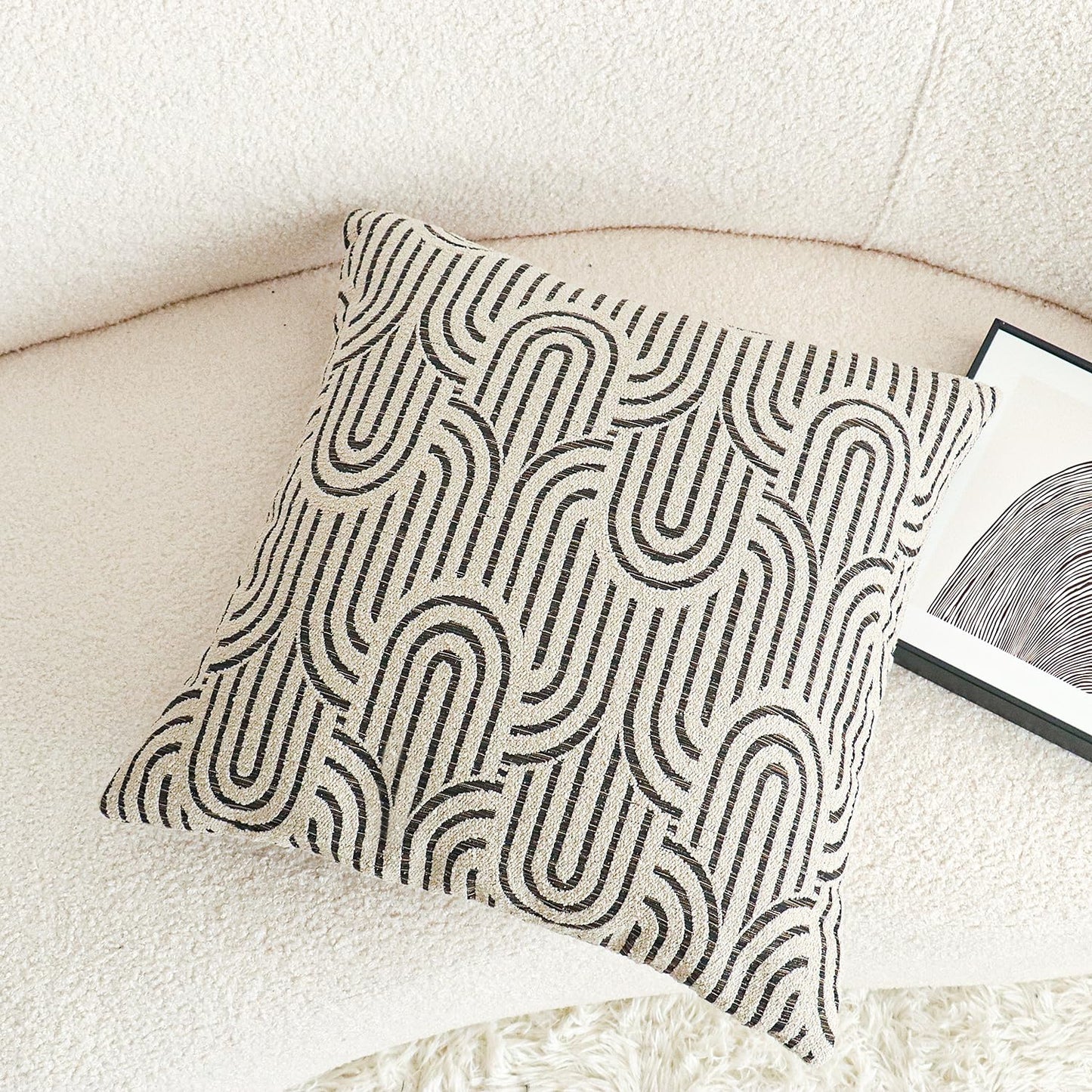 Jonhier Textured Curved Geometric Decorative Throw Pillow Cover, Modern Boho Neutral Square Cushion Case for Sofa Couch Bed, Mid Century Farmhouse Khaki Cozy Accent Pillowcase, 20 x 20 Inch