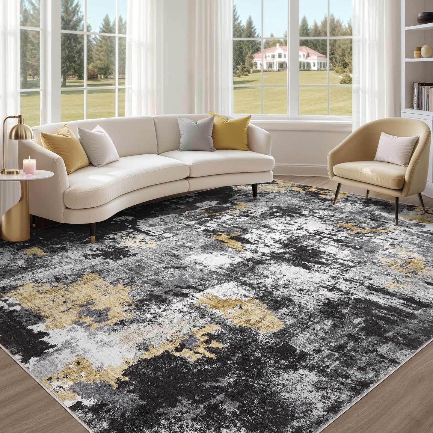TARANCH Abstract 10x14 Area Rug: Machine Washable Non Slip Ultra Thin Low-Pile Carpet, Soft Stain Resistant for Living Dining Room Bedroom, Kid Pet Friendly, Robot Vacuum Compatible - Black Gold