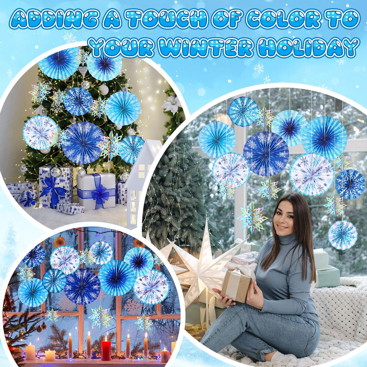 Outus 16 Pcs Snowflake Hanging Decorations Winter Paper Fans Blue Winter Paper Garland 3D Holographic Snowflakes for Xmas Wonderland Birthday Party Ceiling Wall Supplies Decoration