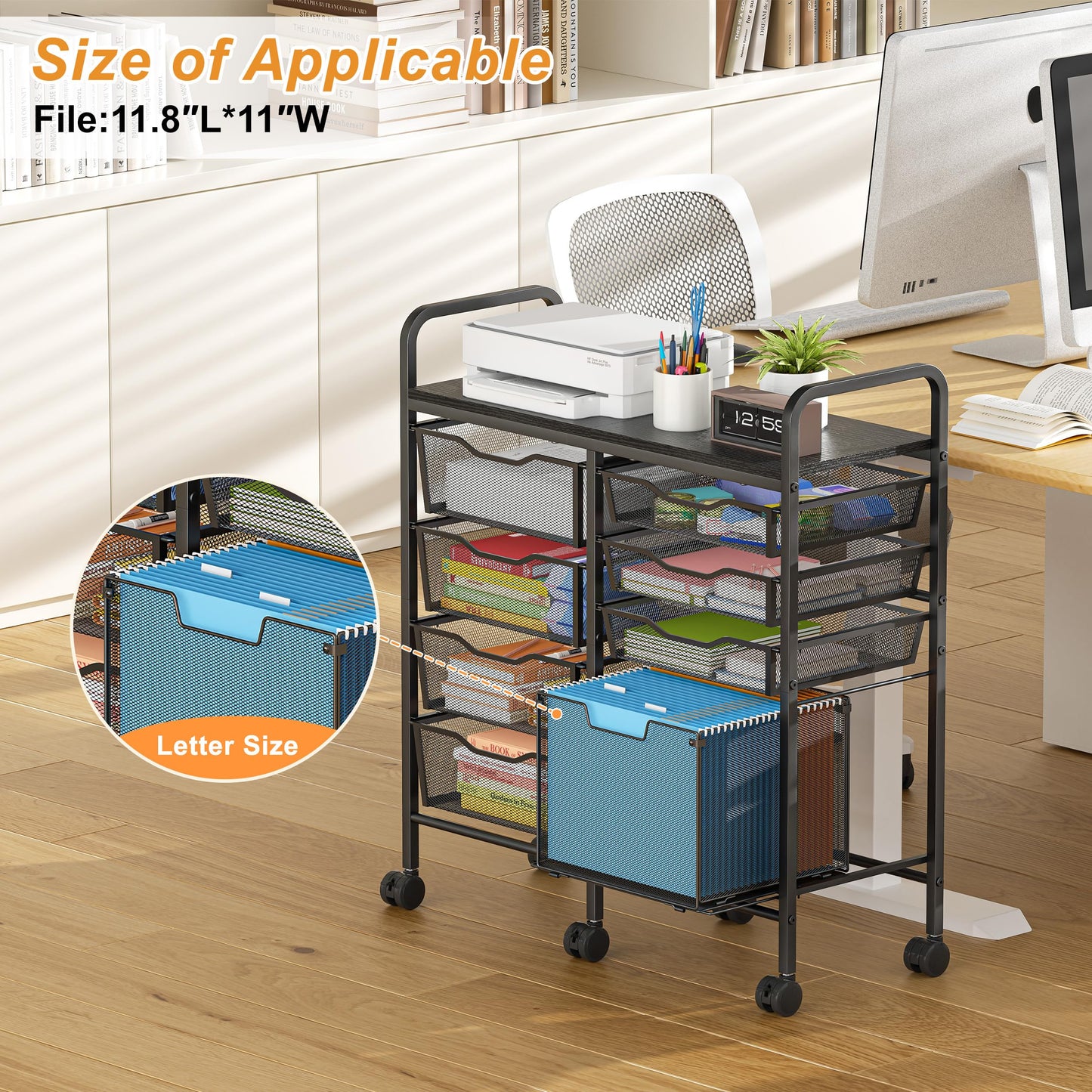 Aokitsink Rolling Cart with Drawers,8-Drawer Storage Cart with Wooden Tabletop and Lockable Wheels,Craft Storage & Art Supply Organizer,Letter-Size File Drawer for Classroom, Office & Home