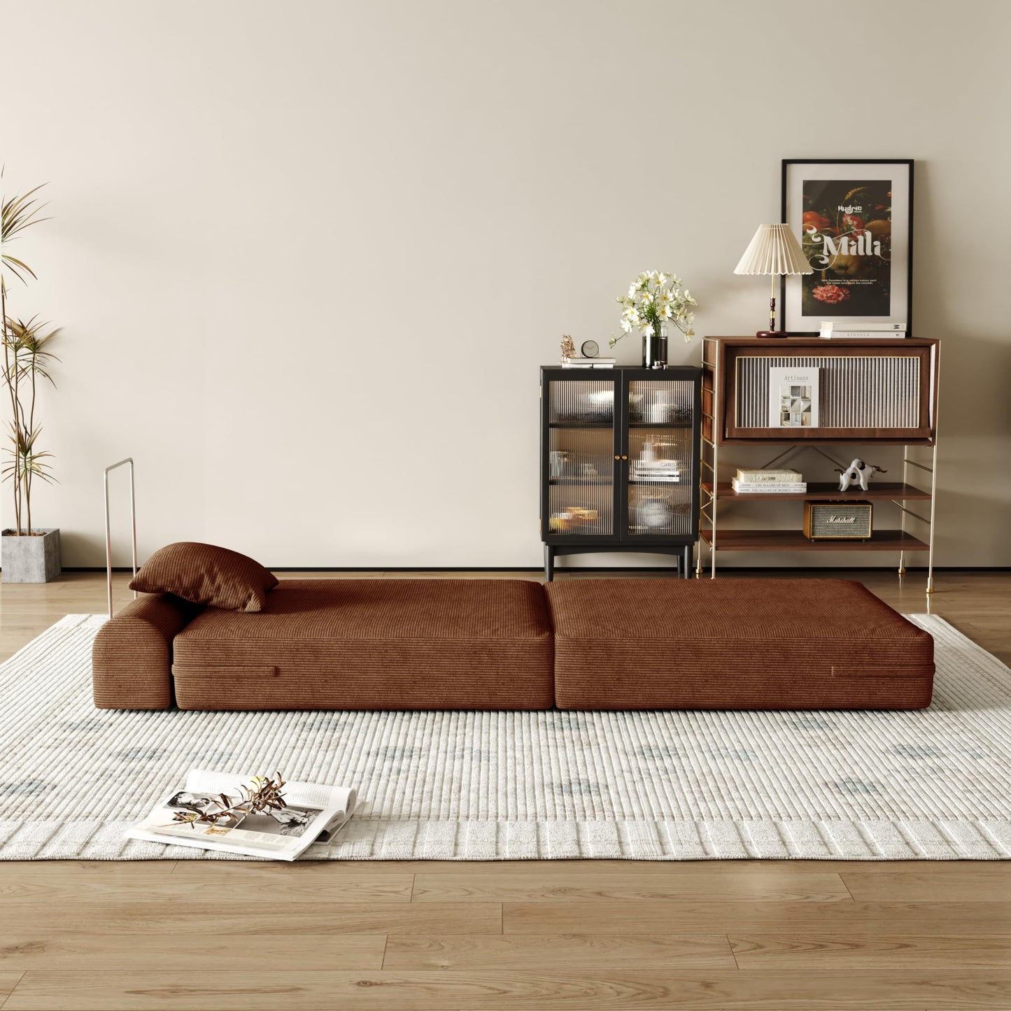 31.5'' Convertible Compressed Corduroy Folding Sofa Bed, Modern Boneless Pull Out Sleeper Sofa Couch in a Box, 3 in 1 Portable Lazy Floor Lounge Chair, No Assembly Needed, Caramel, Pillow, Single