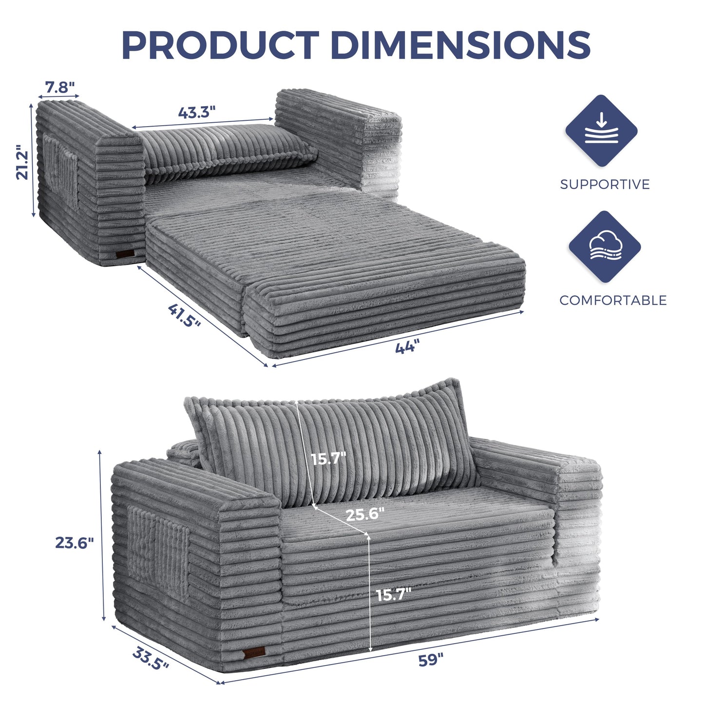 MAXYOYO Convertible Sofa Bed, 2 in 1 Folding Couch Bed for Small Space, Pull Out Loveseat Sofa Couch with Large Back Pillow, Plush Faux Fabric Lounge Couch for Living Room, Apartment, Grey