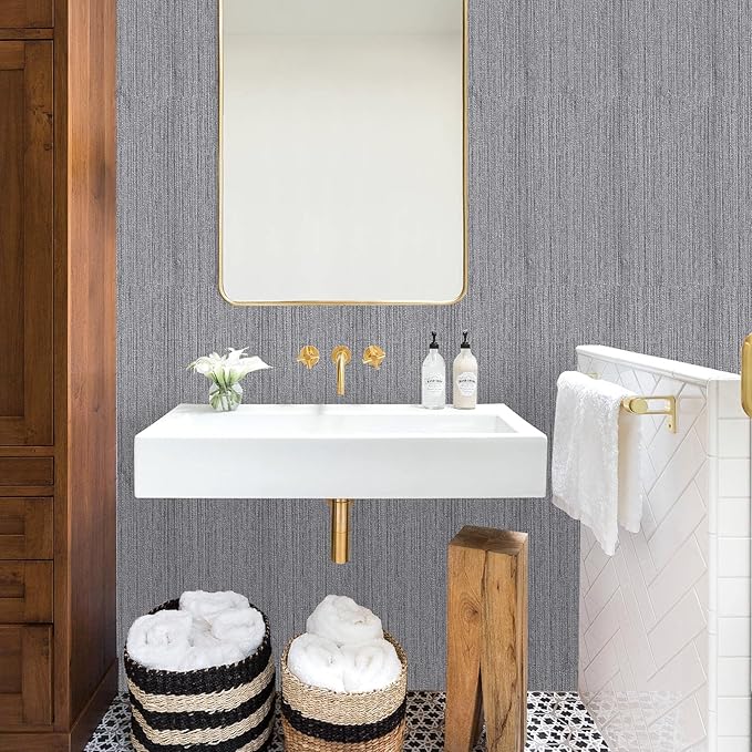Grey Grasscloth Peel and Stick Wallpaper Faux Linen Textured Self Adhesive