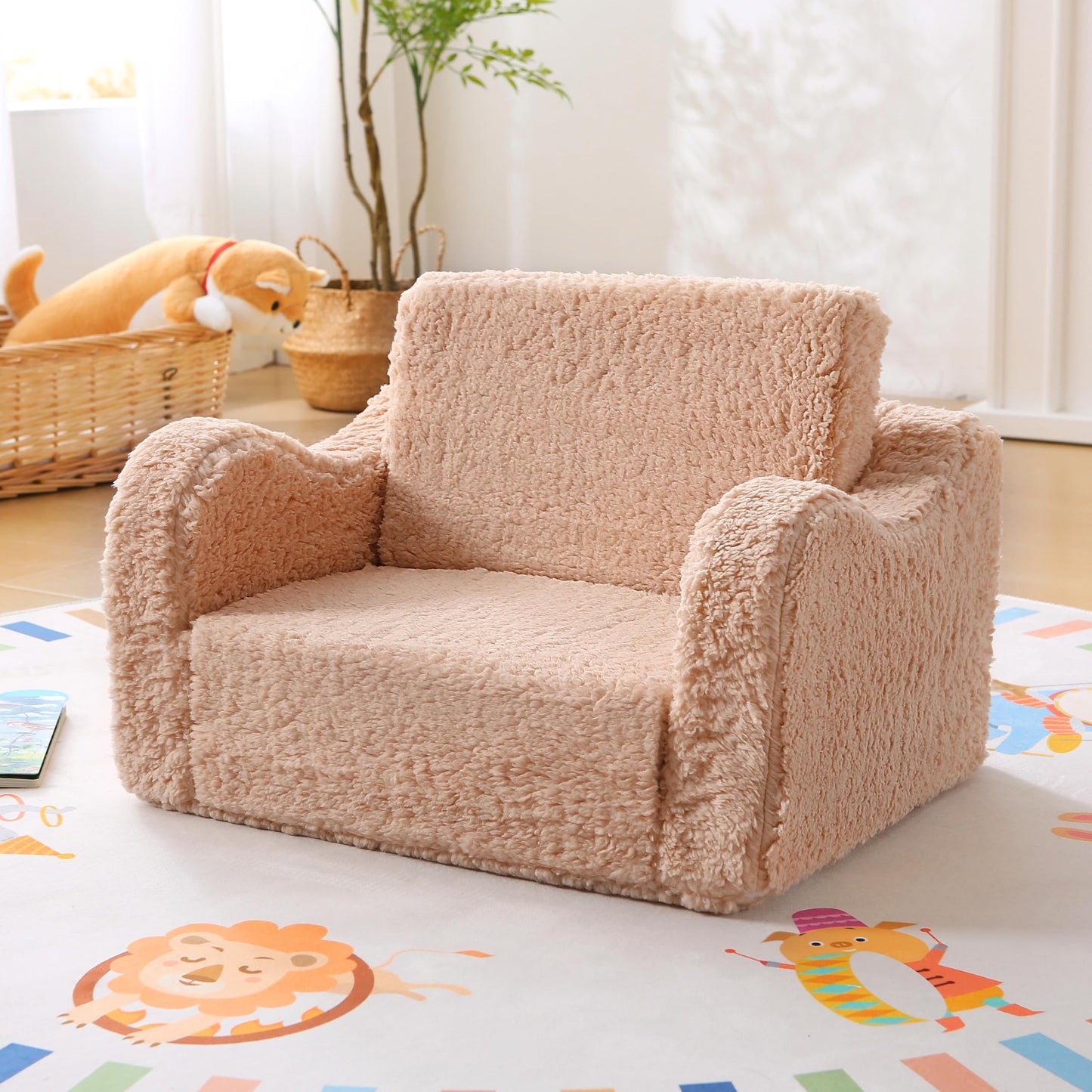 MAMAJOVE Toddler Couch 2-in-1 Flip Open Sherpa Kids Sofa Chair, Light Brown