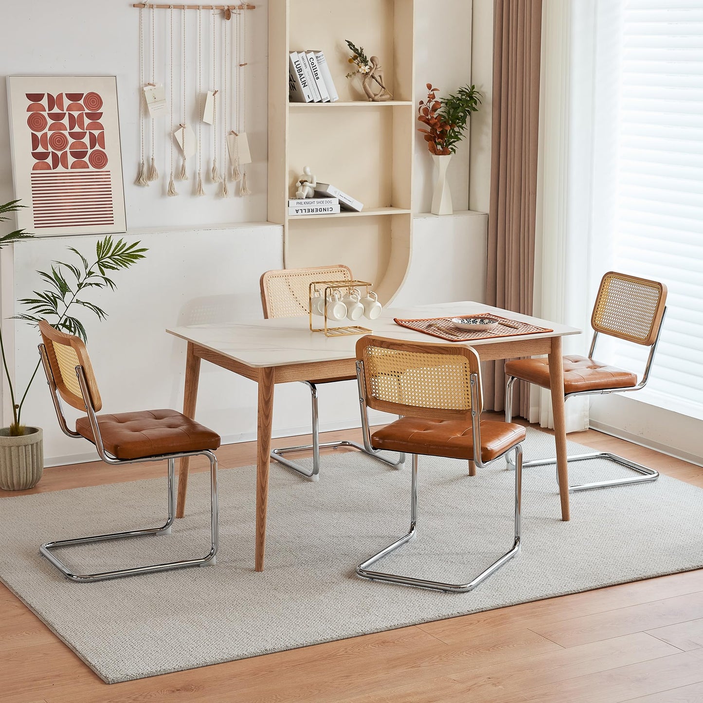 Niusonlan Rattan Cantilever Dining Chair, Single Modern Armless Chair with Chrome Steel Frame, PU Leather Seat and Rattan Backrest, 17.7" Seat Height Kitchen & Dining Room Chair (Brown, Set of 2)